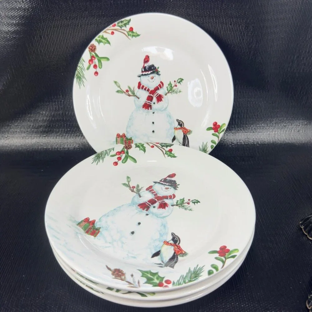 PIER 1 Winter Wonders Ironstone Plate Dish Set 4 Snowman Penguin Christmas 9inch